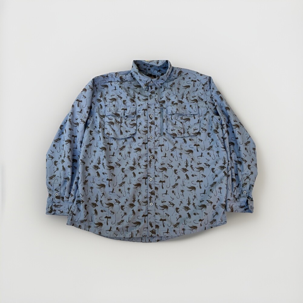 Fly Fishing Shirt Mens XL Blue Long Sleeve Fly Lure Print Vented Guide Gear